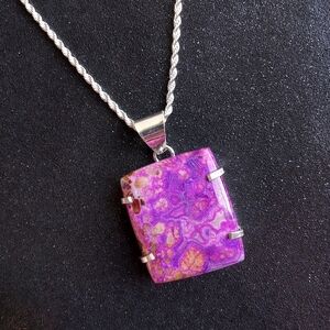 Purple Laguna Lace agate square pendant on 20" sterling silver rope necklace new